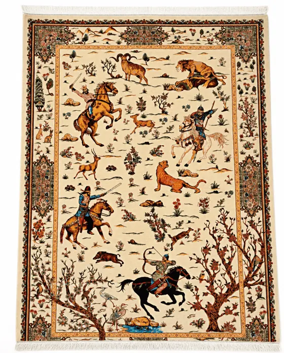 Turkish Hunting Scene Pictorial Silk-Wool, Turkish · Ivory & Beige